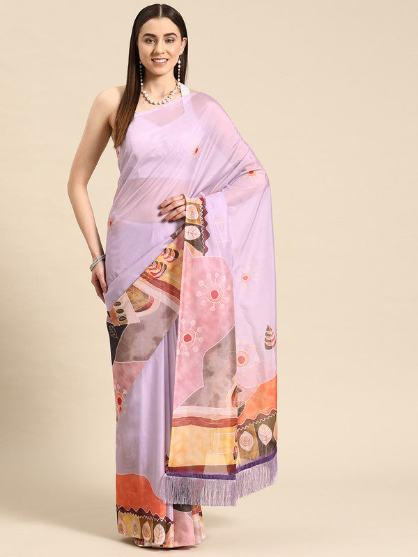 Lavender Silk Blend Digital Print Floral Swadesiicart with Unstitched Blouse - Hiral Fashion