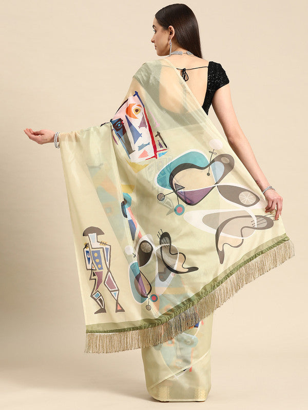 Olive Silk Blend Digital Print Warli Saree with Unstitched Blouse - Hiral Fashion | Swadesiicart