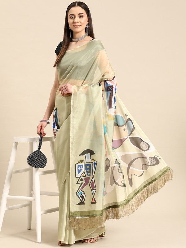 Olive Silk Blend Digital Print Warli Saree with Unstitched Blouse - Hiral Fashion | Swadesiicart