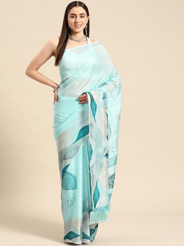 Turquoise Silk Blend Digital Print Abstract Saree with Unstitched Blouse - Hiral Fashion | Swadesiicart