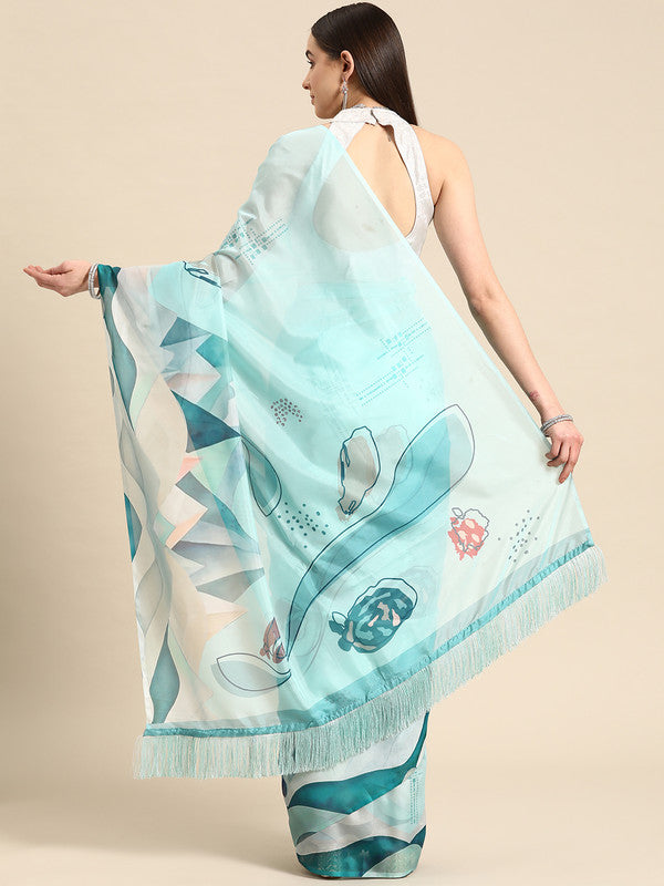 Turquoise Silk Blend Digital Print Abstract Saree with Unstitched Blouse - Hiral Fashion | Swadesiicart