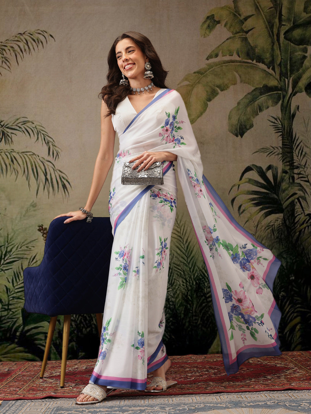 Hiral Fashion White Bollywood Satin Floral Digital Printed Saree | Swadesiicart
