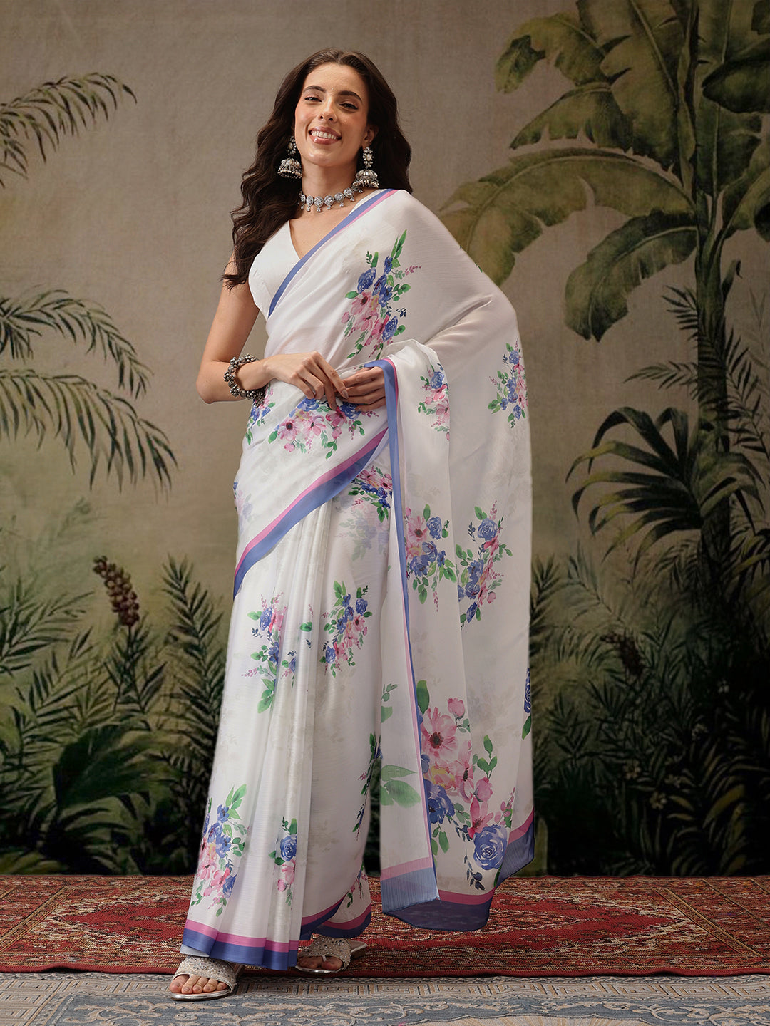 Hiral Fashion White Bollywood Satin Floral Digital Printed Saree | Swadesiicart