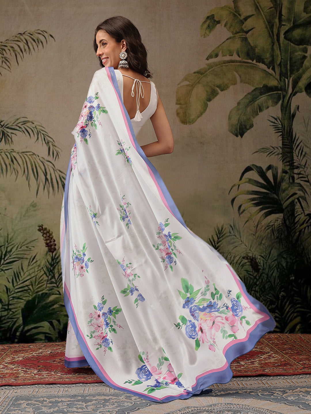 Hiral Fashion White Bollywood Satin Floral Digital Printed Saree | Swadesiicart
