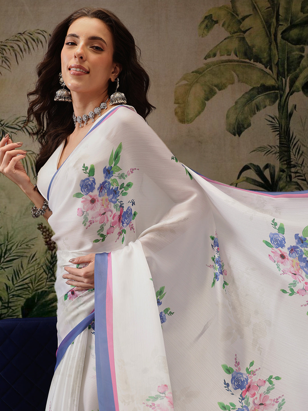 Hiral Fashion White Bollywood Satin Floral Digital Printed Saree | Swadesiicart