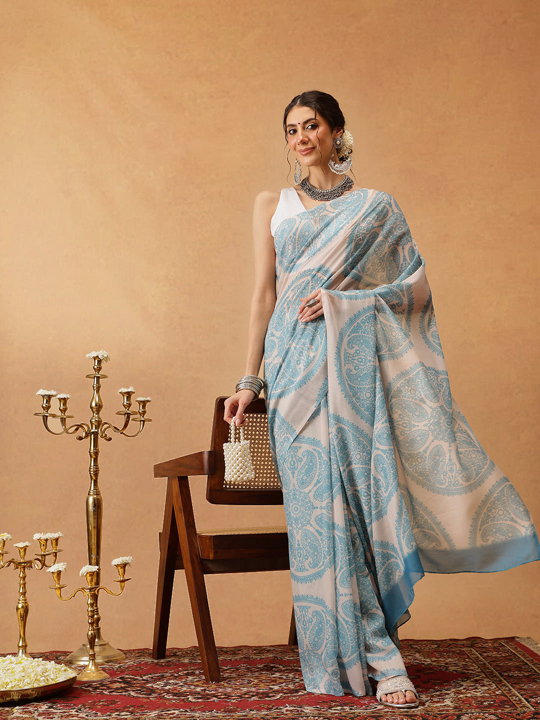 Hiral Fashion Beige Bollywood Mul Cotton Paisely Digital Printed Saree | Swadesiicart
