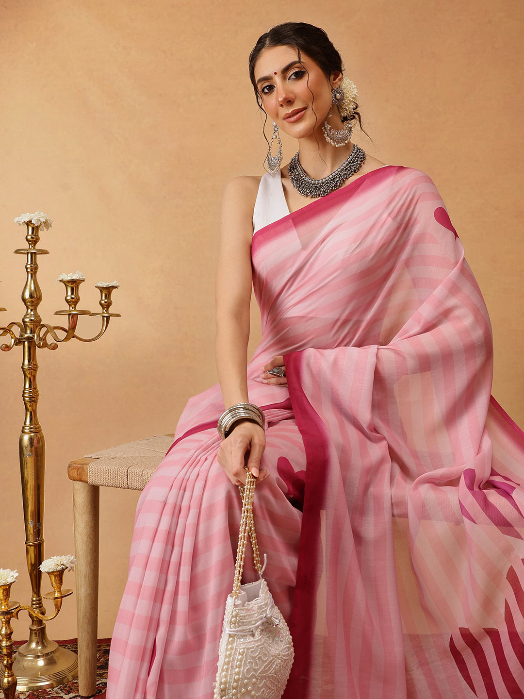 Hiral Fashion Pink Bollywood Mul Cotton Lahariya Digital Printed Saree | Swadesiicart
