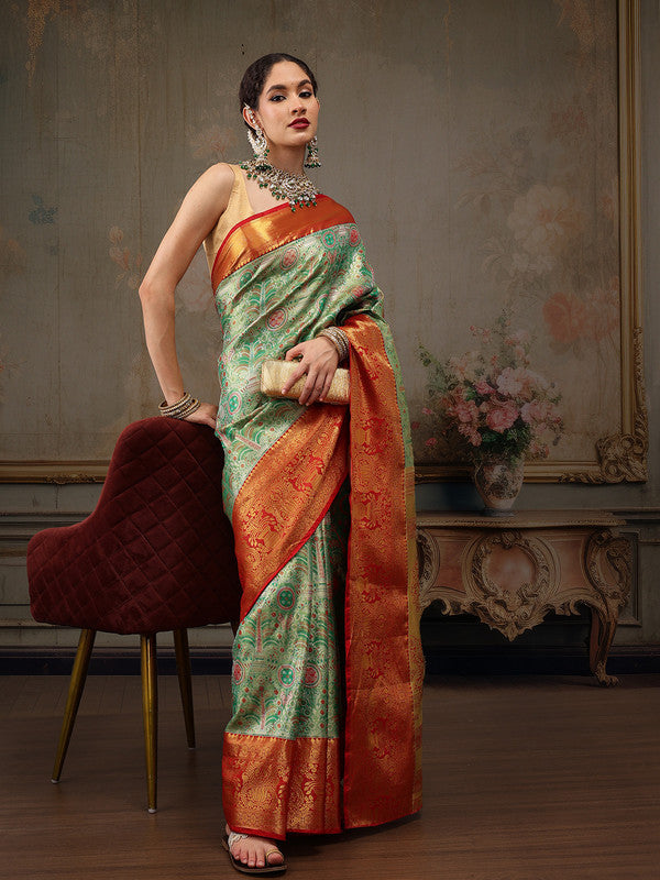Green Pure Silk Woven Zari Design Floral Saree with Unstitched Blouse - Hiral Fashion | Swadesiicart