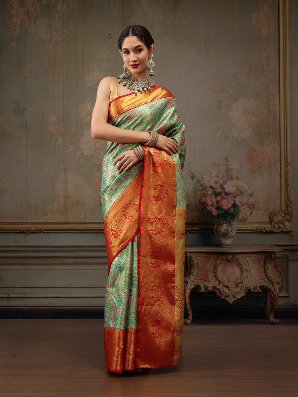 Green Pure Silk Woven Zari Design Floral Saree with Unstitched Blouse - Hiral Fashion | Swadesiicart
