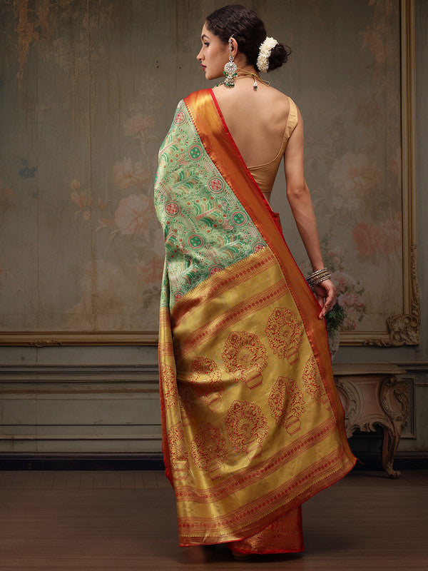 Green Pure Silk Woven Zari Design Floral Saree with Unstitched Blouse - Hiral Fashion | Swadesiicart