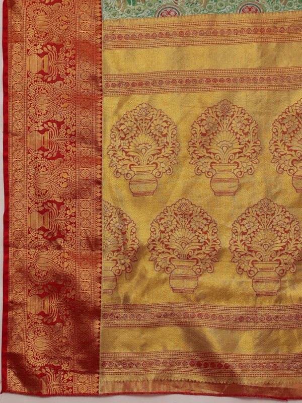 Green Pure Silk Woven Zari Design Floral Saree with Unstitched Blouse - Hiral Fashion | Swadesiicart