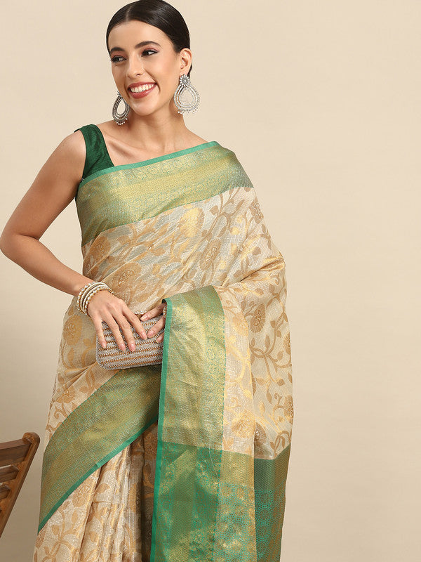 Green Tissue Silk Woven Zari Design Floral Saree with Unstitched Blouse - Hiral Fashion | Swadesiicart
