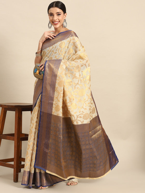 Navy Blue Tissue Silk Woven Zari Design Floral Saree with Unstitched Blouse - Hiral Fashion | Swadesiicart