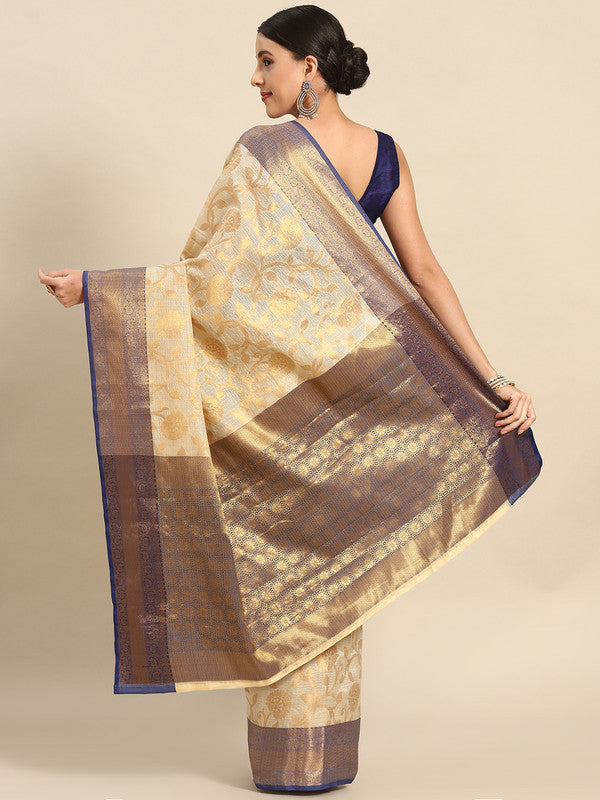 Navy Blue Tissue Silk Woven Zari Design Floral Saree with Unstitched Blouse - Hiral Fashion | Swadesiicart