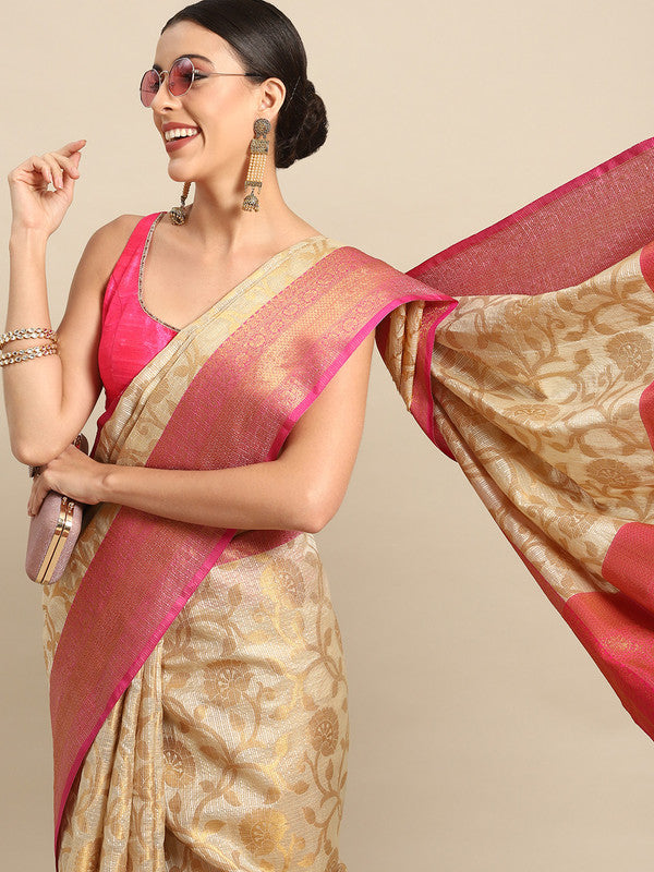 Pink Tissue Silk Woven Zari Design Floral Saree with Unstitched Blouse - Hiral Fashion | Swadesiicart