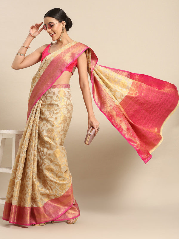Pink Tissue Silk Woven Zari Design Floral Saree with Unstitched Blouse - Hiral Fashion | Swadesiicart