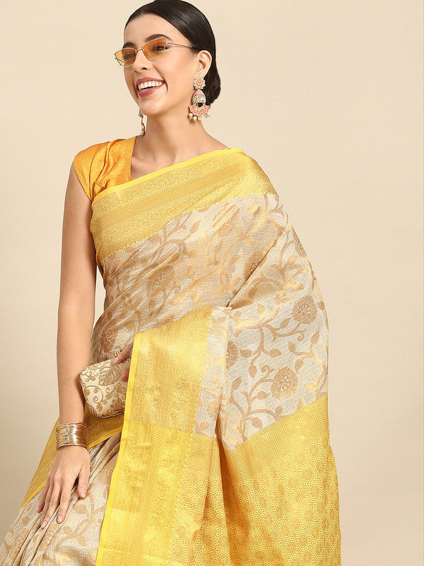 Yellow Tissue Silk Woven Zari Design Floral Saree with Unstitched Blouse - Hiral Fashion | Swadesiicart