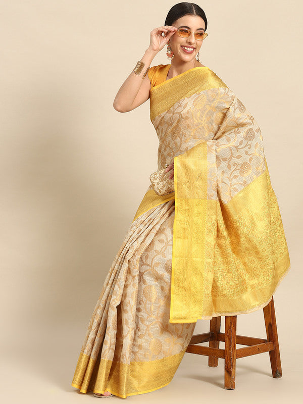 Yellow Tissue Silk Woven Zari Design Floral Saree with Unstitched Blouse - Hiral Fashion | Swadesiicart