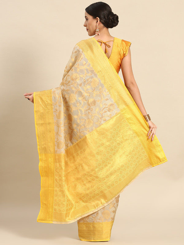 Yellow Tissue Silk Woven Zari Design Floral Saree with Unstitched Blouse - Hiral Fashion | Swadesiicart