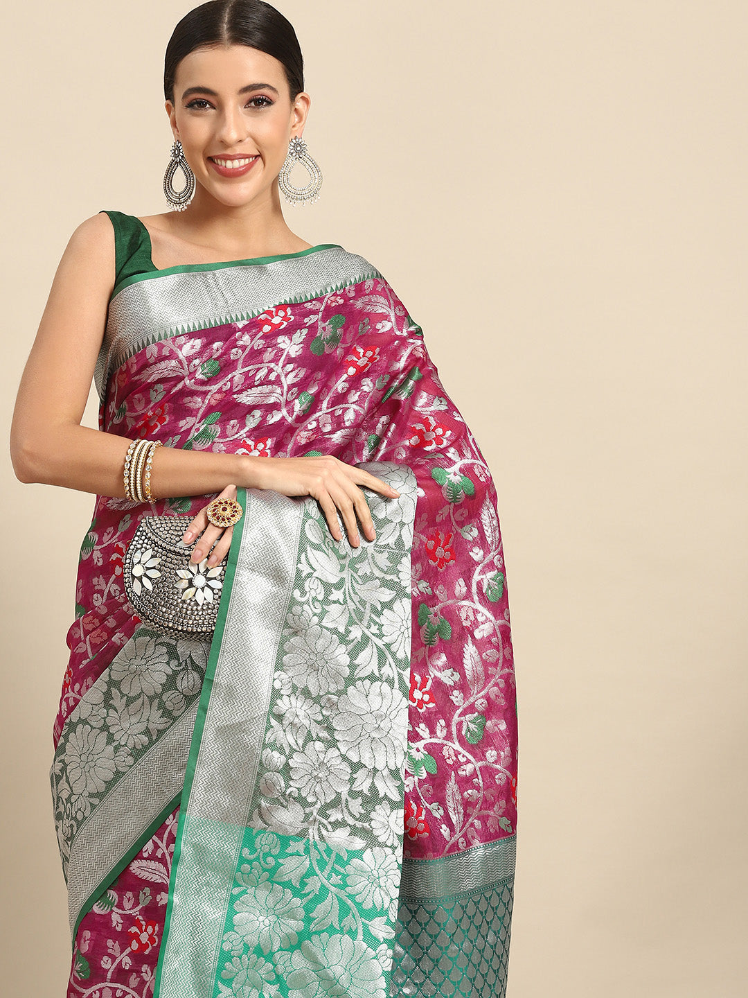 Magenta Brocade Woven Zari Design Floral Saree with Unstitched Blouse - Hiral Fashion | Swadesiicart