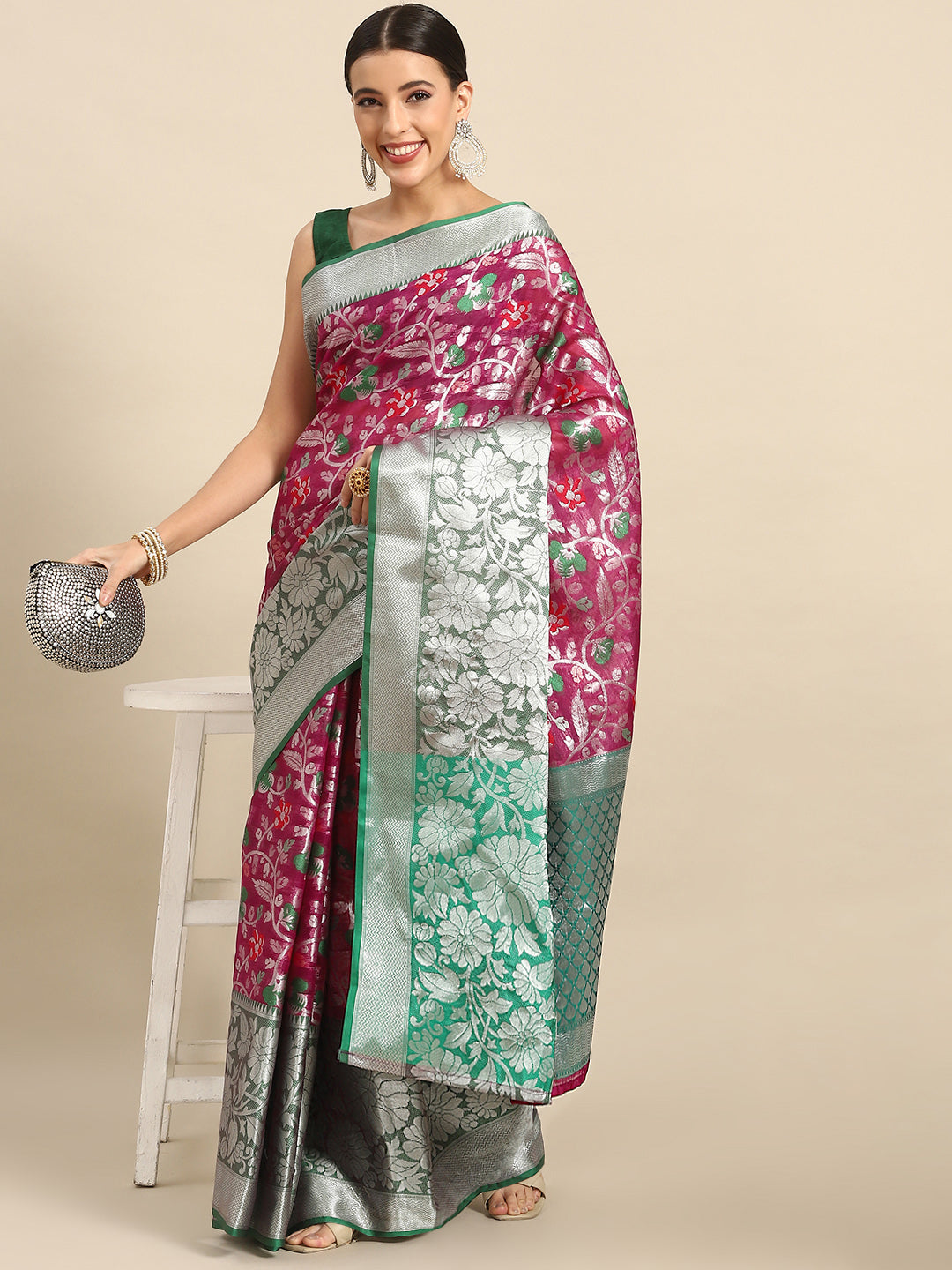 Magenta Brocade Woven Zari Design Floral Saree with Unstitched Blouse - Hiral Fashion | Swadesiicart