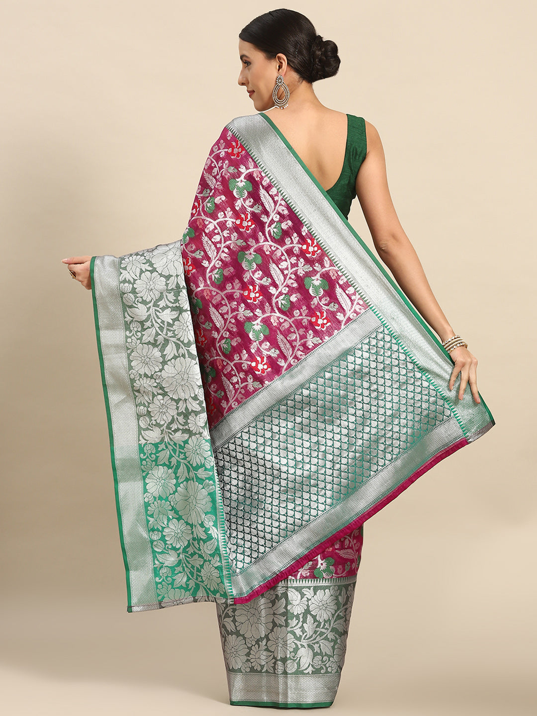 Magenta Brocade Woven Zari Design Floral Saree with Unstitched Blouse - Hiral Fashion | Swadesiicart