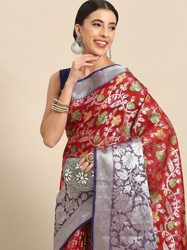 Red Brocade Woven Zari Design Floral Saree with Unstitched Blouse - Hiral Fashion | Swadesiicart