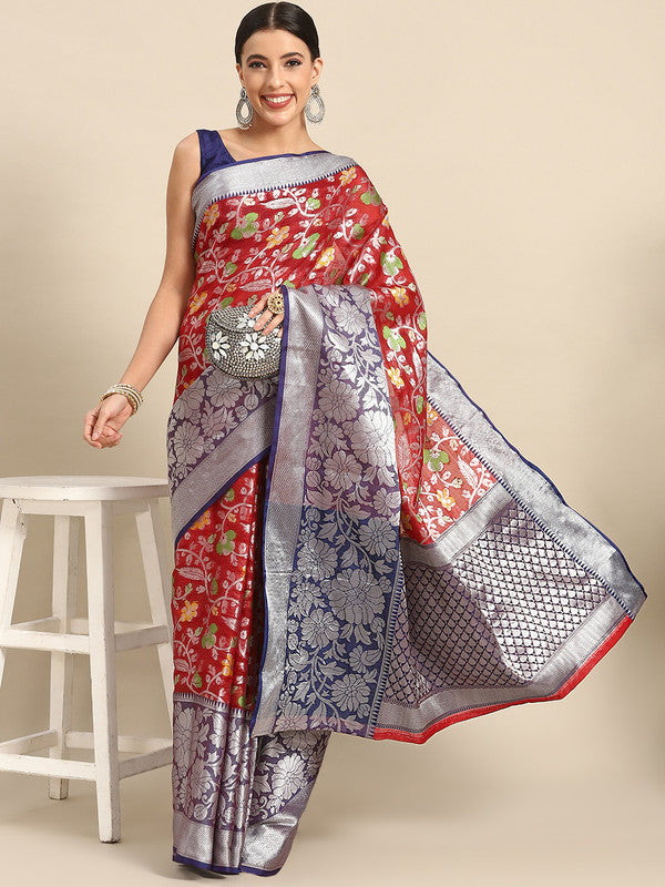 Red Brocade Woven Zari Design Floral Saree with Unstitched Blouse - Hiral Fashion | Swadesiicart