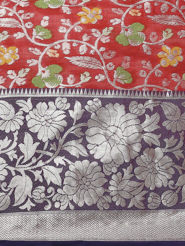 Red Brocade Woven Zari Design Floral Saree with Unstitched Blouse - Hiral Fashion | Swadesiicart