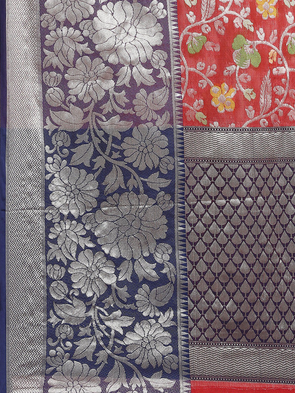 Red Brocade Woven Zari Design Floral Saree with Unstitched Blouse - Hiral Fashion | Swadesiicart