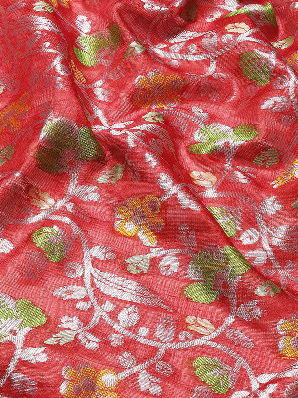 Red Brocade Woven Zari Design Floral Saree with Unstitched Blouse - Hiral Fashion | Swadesiicart
