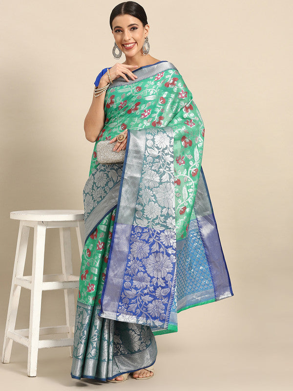 Turquoise Brocade Woven Zari Design Floral Saree with Unstitched Blouse - Hiral Fashion | Swadesiicart