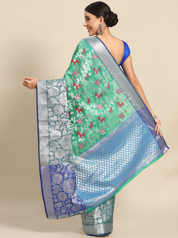 Turquoise Brocade Woven Zari Design Floral Saree with Unstitched Blouse - Hiral Fashion | Swadesiicart