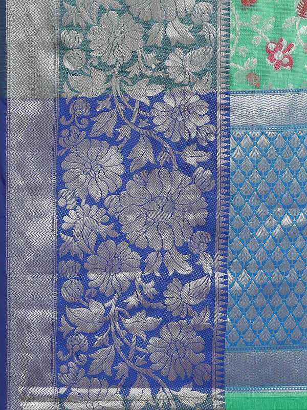 Turquoise Brocade Woven Zari Design Floral Saree with Unstitched Blouse - Hiral Fashion | Swadesiicart