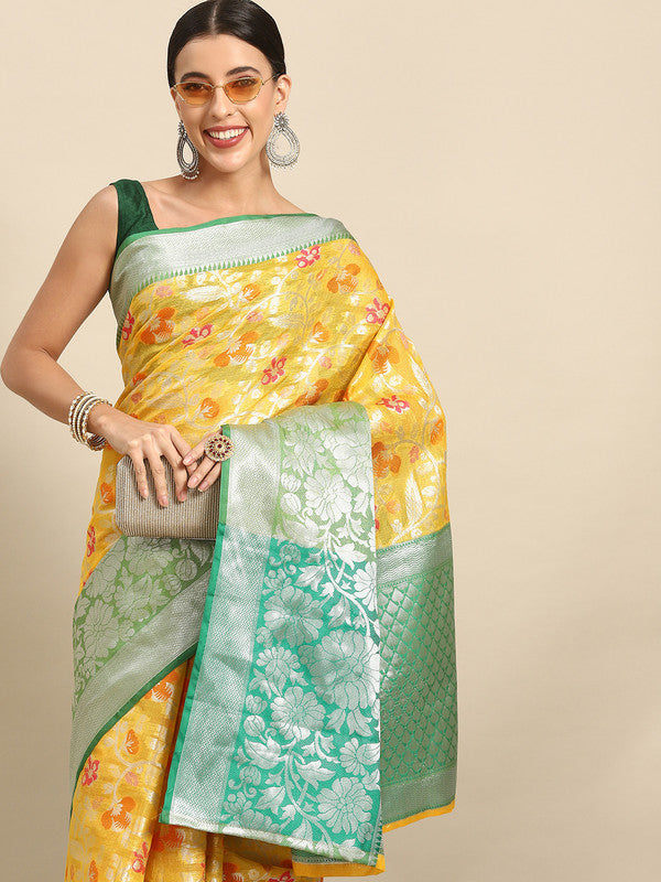 Yellow Brocade Woven Zari Design Floral Saree with Unstitched Blouse - Hiral Fashion | Swadesiicart