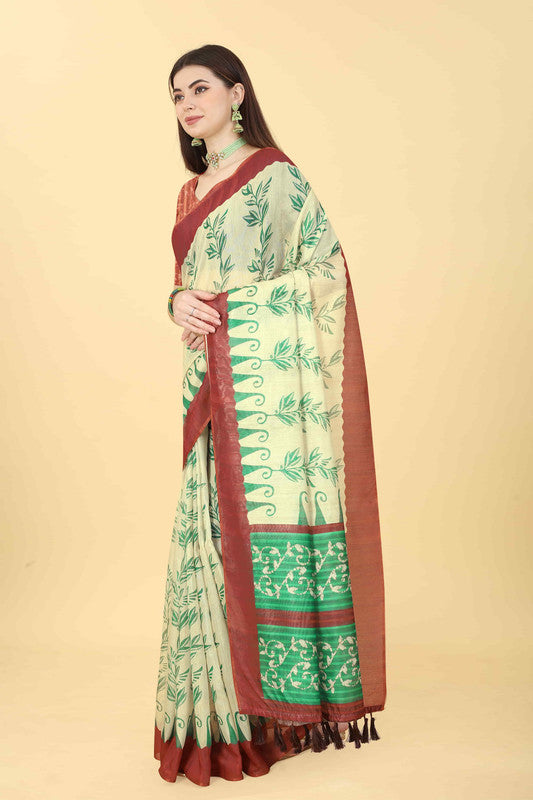 Beige Cotton Blend Printed Floral Saree with Unstitched Blouse - Hiral Fashion | Swadesiicart
