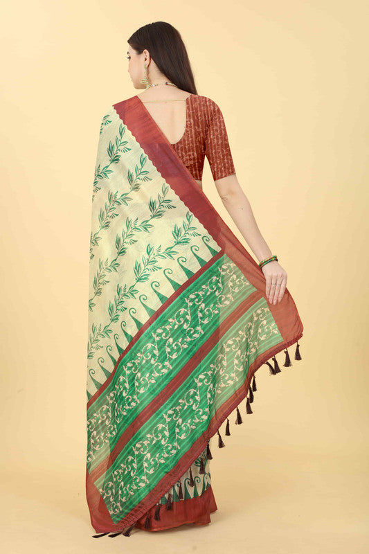 Beige Cotton Blend Printed Floral Saree with Unstitched Blouse - Hiral Fashion | Swadesiicart