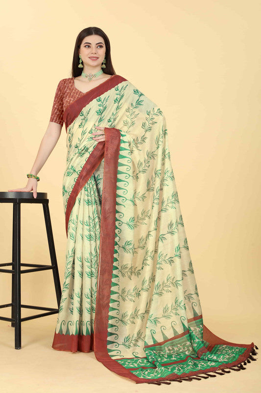 Beige Cotton Blend Printed Floral Saree with Unstitched Blouse - Hiral Fashion | Swadesiicart