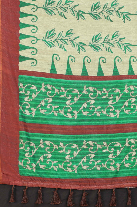 Beige Cotton Blend Printed Floral Saree with Unstitched Blouse - Hiral Fashion | Swadesiicart