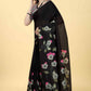Black Cotton Blend Printed Floral Saree with Unstitched Blouse - Hiral Fashion | Swadesiicart