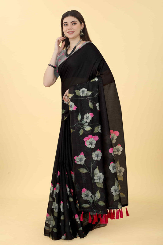 Black Cotton Blend Printed Floral Saree with Unstitched Blouse - Hiral Fashion | Swadesiicart