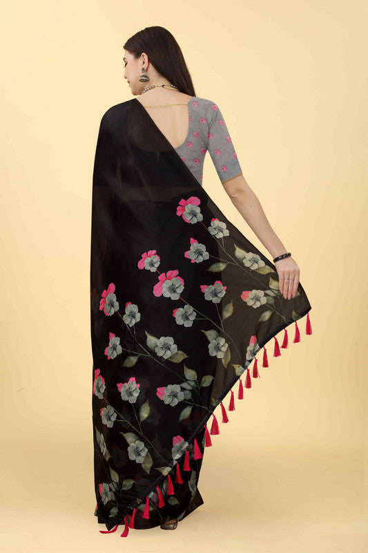 Black Cotton Blend Printed Floral Saree with Unstitched Blouse - Hiral Fashion | Swadesiicart