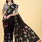 Black Cotton Blend Printed Floral Saree with Unstitched Blouse - Hiral Fashion | Swadesiicart