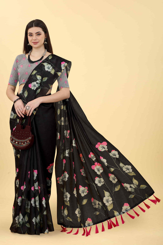 Black Cotton Blend Printed Floral Saree with Unstitched Blouse - Hiral Fashion | Swadesiicart