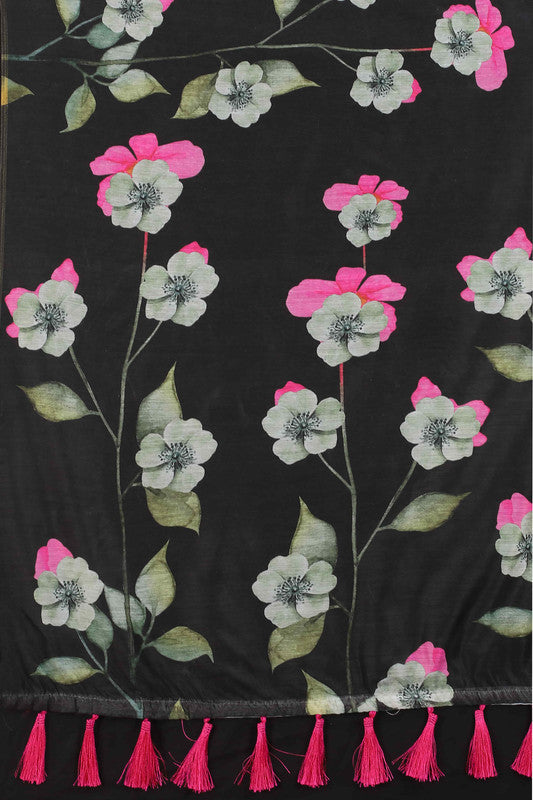 Black Cotton Blend Printed Floral Saree with Unstitched Blouse - Hiral Fashion | Swadesiicart