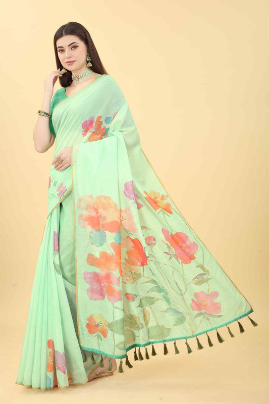 Green Cotton Blend Printed Floral Saree with Unstitched Blouse - Hiral Fashion | Swadesiicart