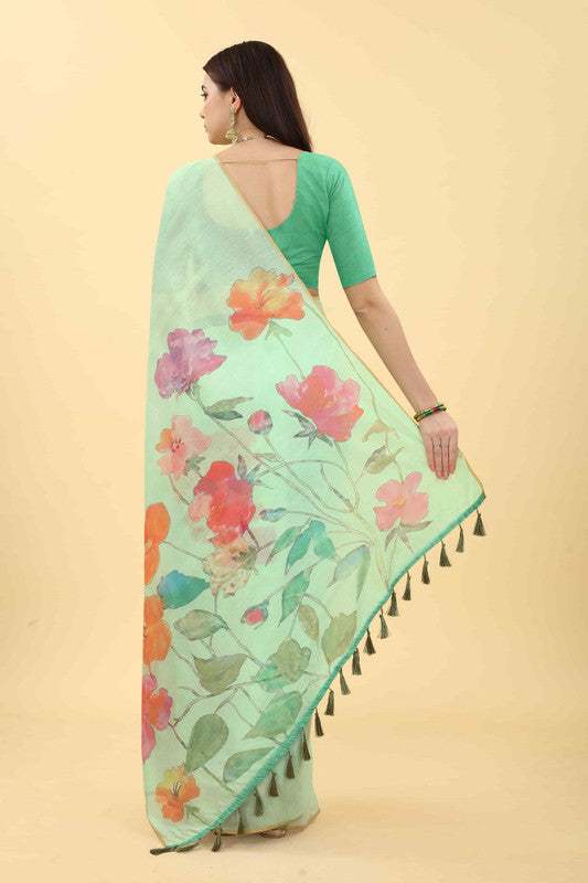 Green Cotton Blend Printed Floral Saree with Unstitched Blouse - Hiral Fashion | Swadesiicart
