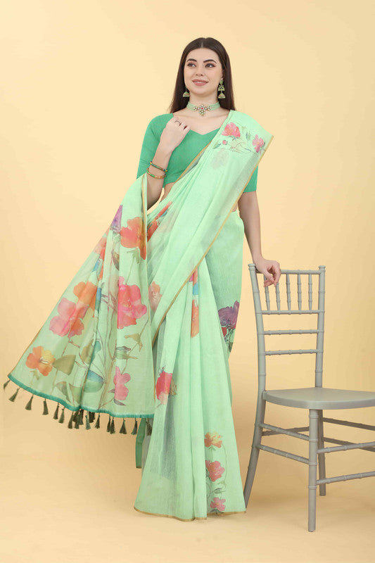 Green Cotton Blend Printed Floral Saree with Unstitched Blouse - Hiral Fashion | Swadesiicart