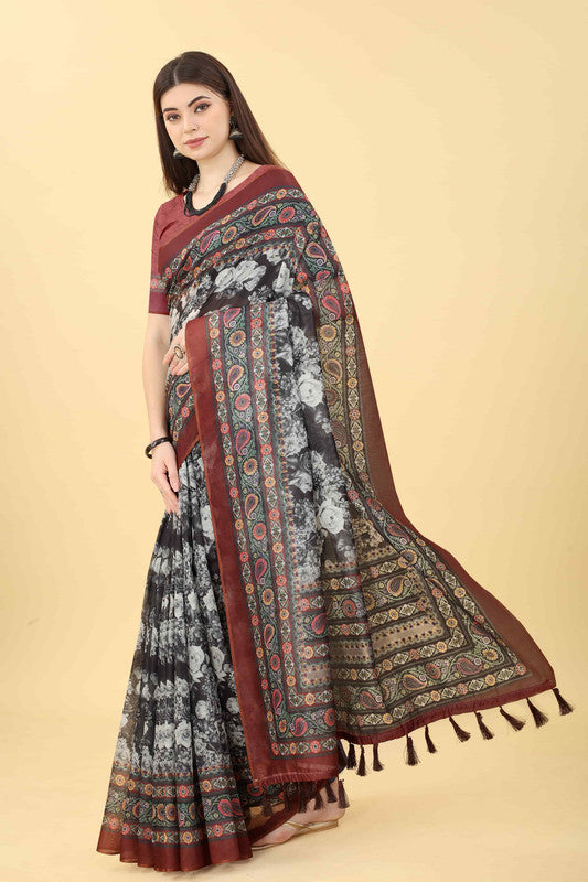 Multicolor Cotton Blend Printed Floral Saree with Unstitched Blouse - Hiral Fashion | Swadesiicart