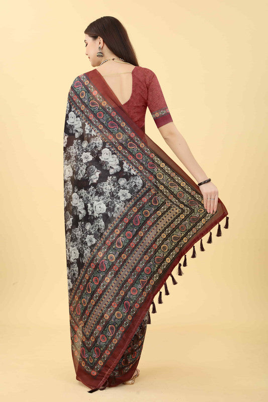Multicolor Cotton Blend Printed Floral Saree with Unstitched Blouse - Hiral Fashion | Swadesiicart